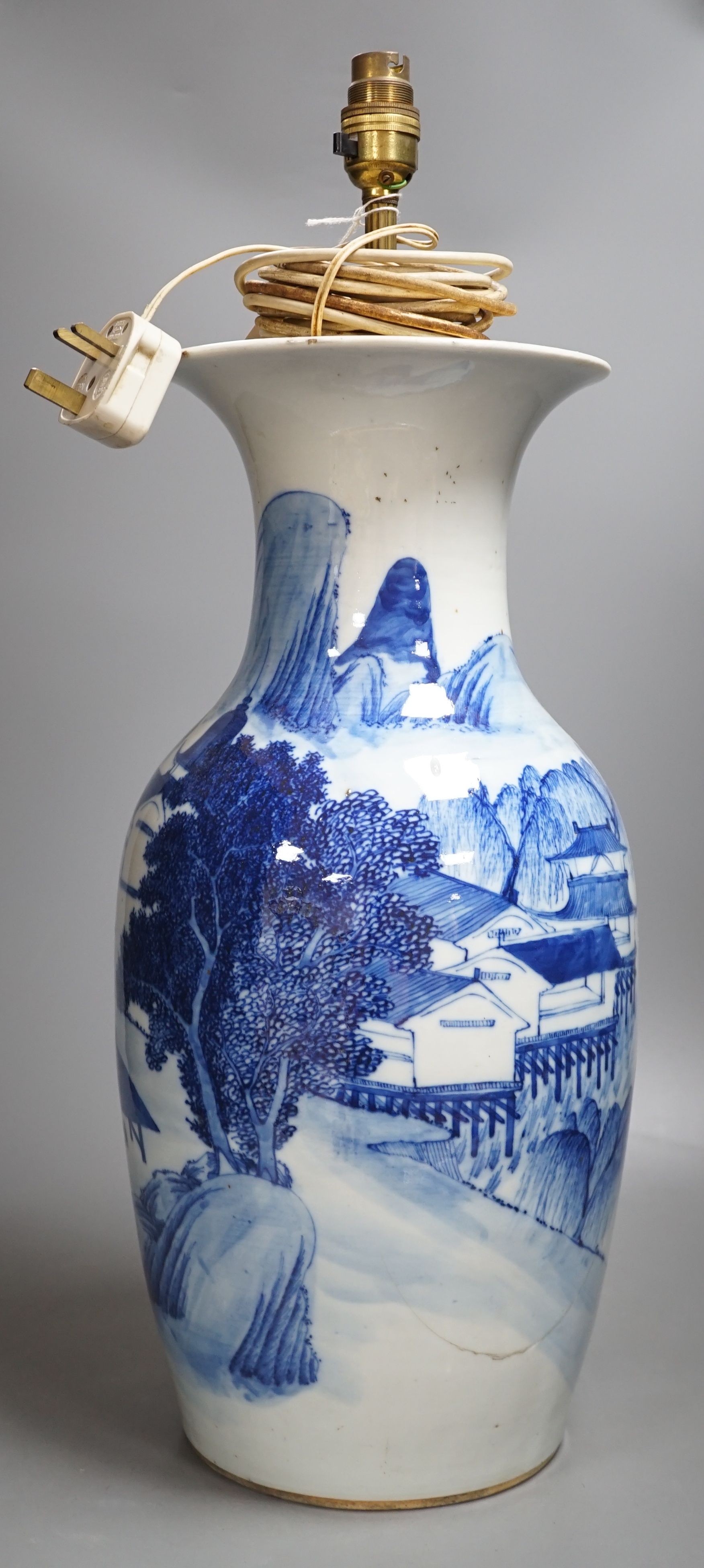 An early 20th century Chinese blue and white landscape vase converted to a lamp, total height 58cm